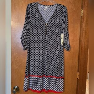 Tacera Black and White Geometric Dress with Red Accents